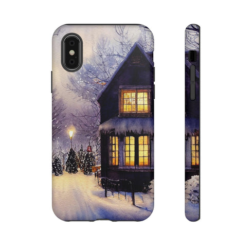 Glowing Homes in the Snow with Christmas Decorations - Impact Resistant Phone Case iPhone X Matte